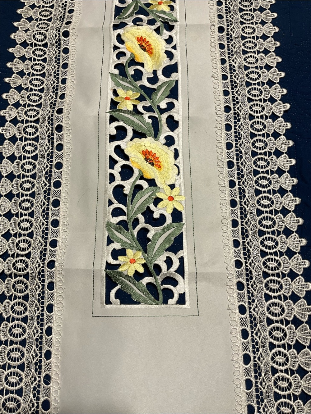 Cream Embroidered Floral Table Runner Cutout Lace - Yellow Flower Detail 50”